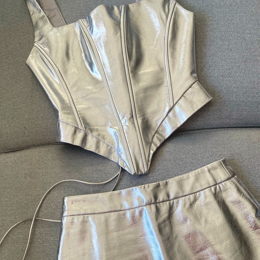 🛸 Naked Wardrobe | Faux Leather Corset + Matching Mini Skirt | Silver | XS